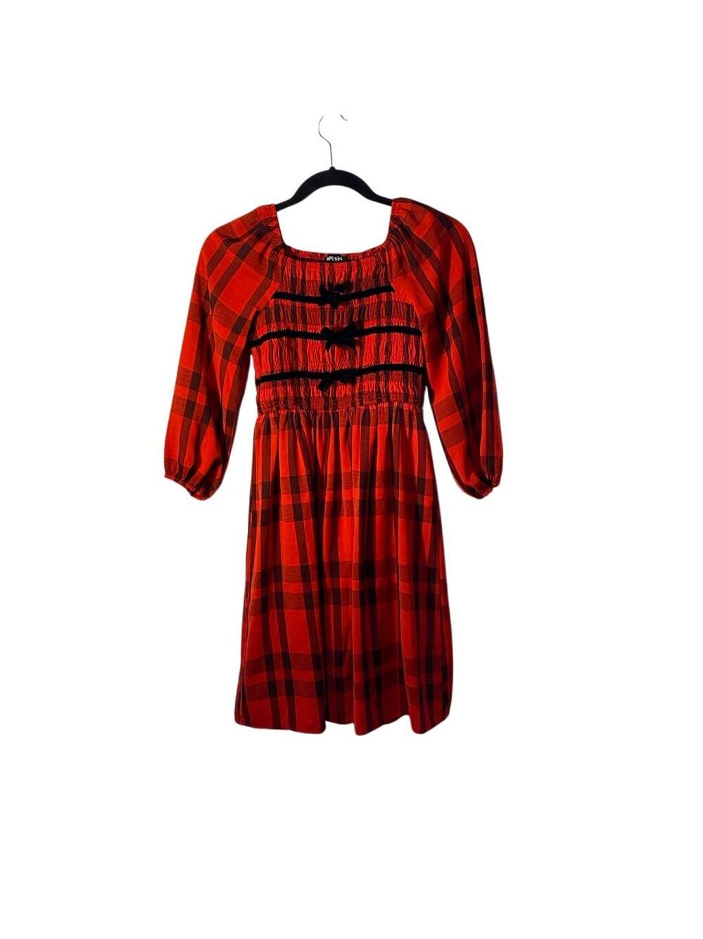 Trixxi girl Buffalo plaid Smocked Christmas dress velvet bows. S.